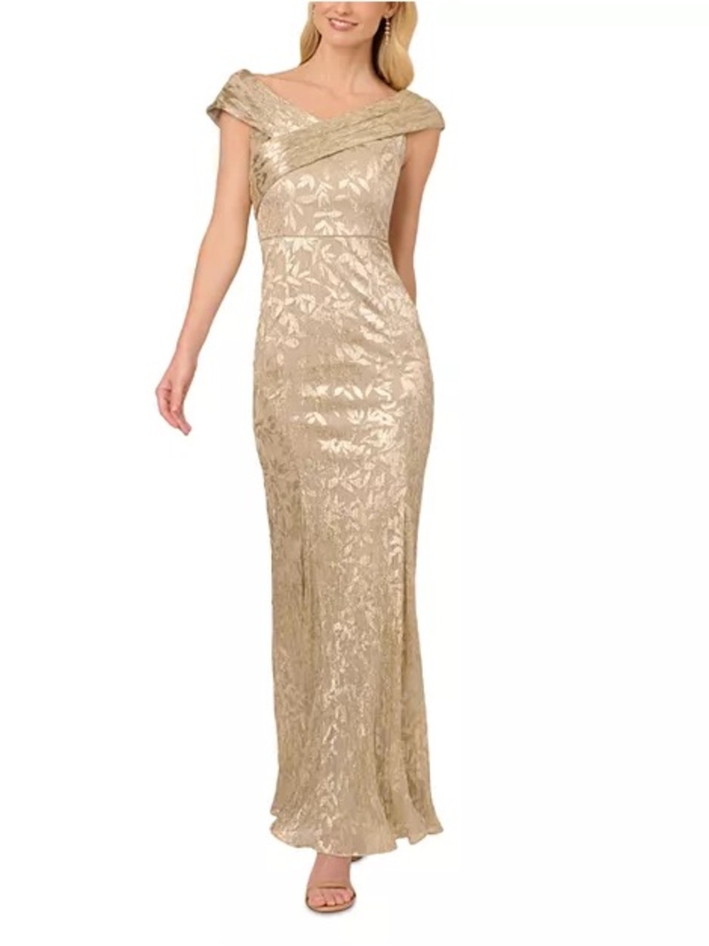 Adrianna Papell Gold Off-Shoulder Jacquard Maxi Dress